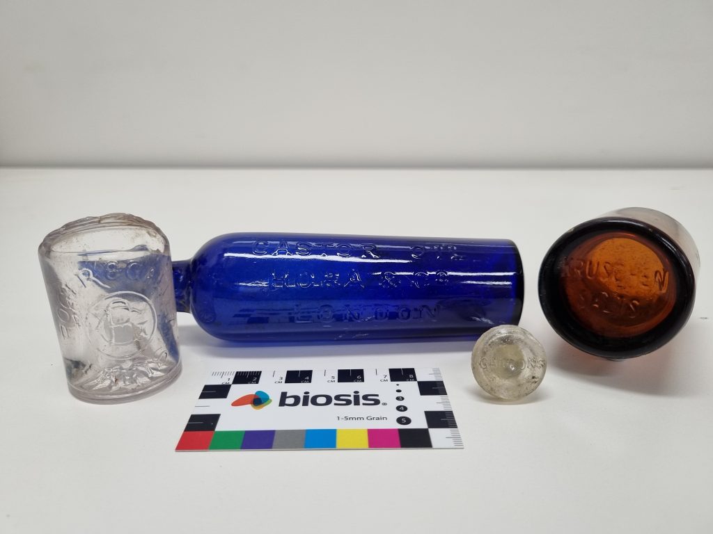 Glass bottles uncovered during a 2022 salvage at 15 Crown Street 